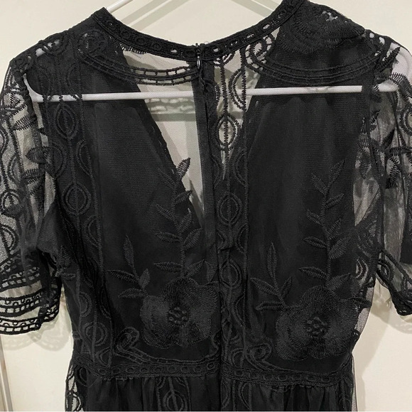 Eleter Women's Deep V-Neck Lace Romper Short Sleeve Long Dress Black Size M - Picture 9 of 11